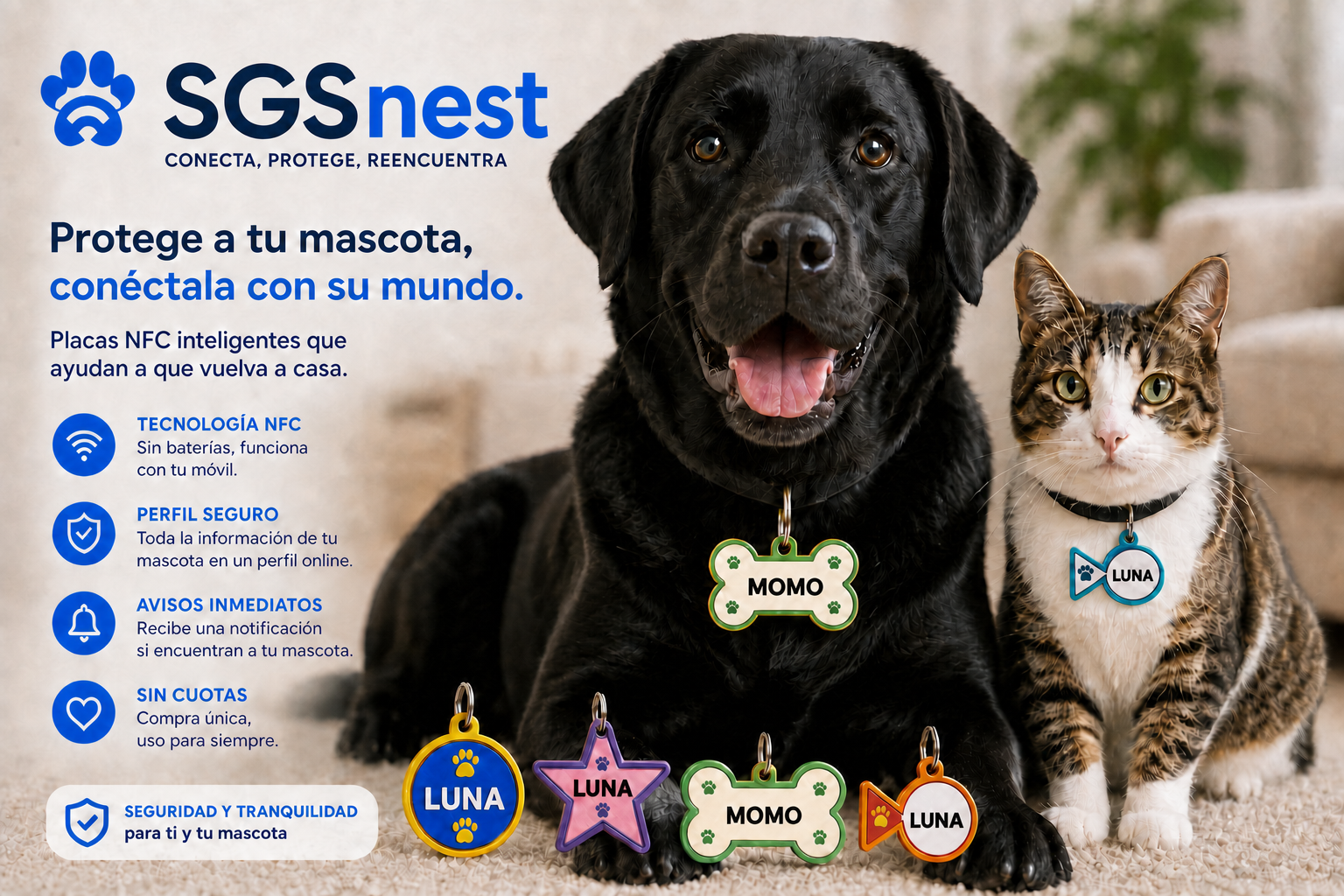 Labrador negro MOMO y gata LUNA con placas SGSnest de distintos colores
